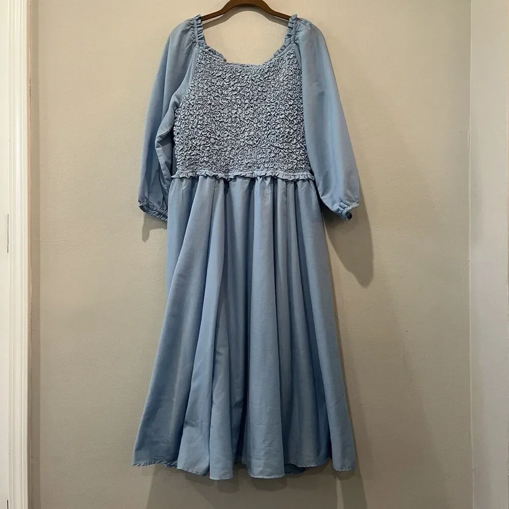JessaKae Dress Women’s 1X Love Spell Blue Midi Smocked 3/4 Balloon Sleeve - Picture 2 of 10